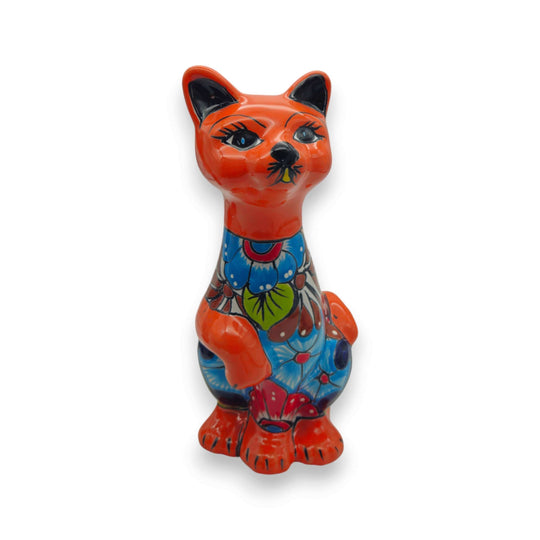 Talavera Cat Statue | Hand-Painted Mexican Ceramic Figurine - glossy orange and blue hand-painted floral ceramic cat figurine from Guanajuato, Mexico