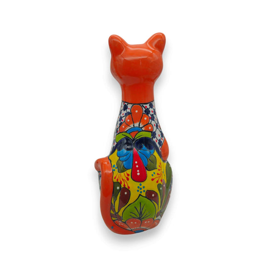 Talavera Cat Statue | Hand-Painted Mexican Ceramic Figurine vibrant orange hand-painted Talavera cat with multicolor floral design, glossy finish