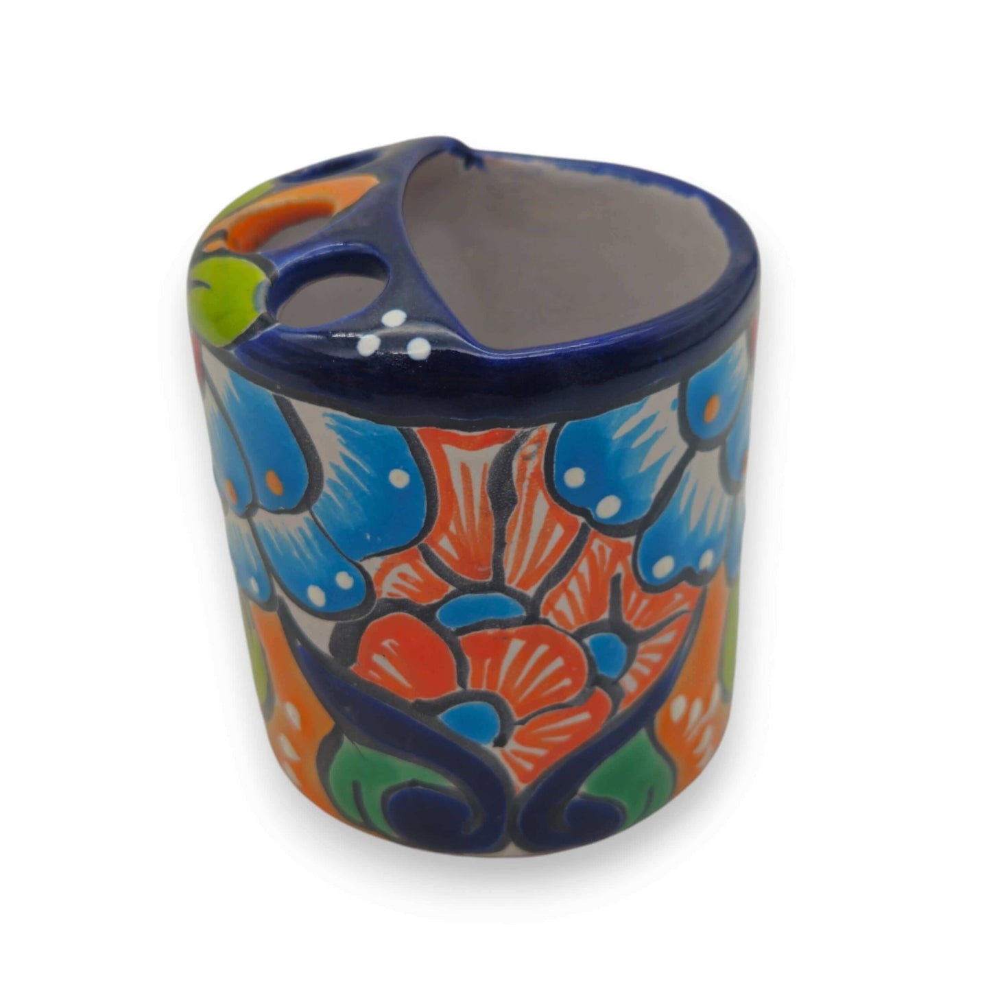 Colorful Talavera Toothbrush Holder | Mexican Ceramic Art hand-painted floral ceramic toothbrush holder in blue red green yellow