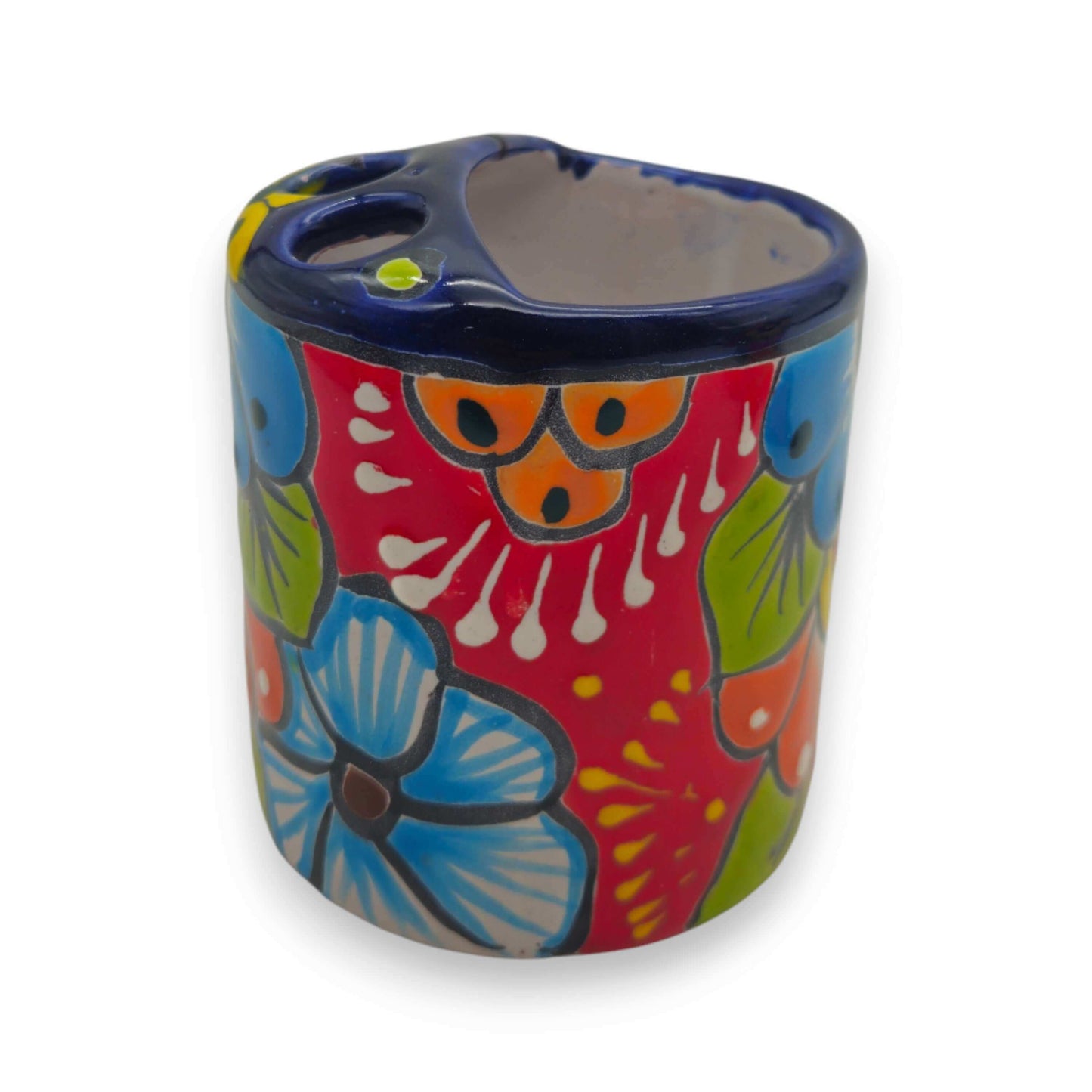 Colorful Talavera Toothbrush Holder | Mexican Ceramic Art - hand-painted floral ceramic toothbrush holder in red, blue, green and yellow