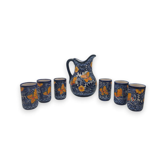 Blue Monarch Talavera Pitcher Set | Mexican Ceramic Drinkware display with pitcher and tumblers