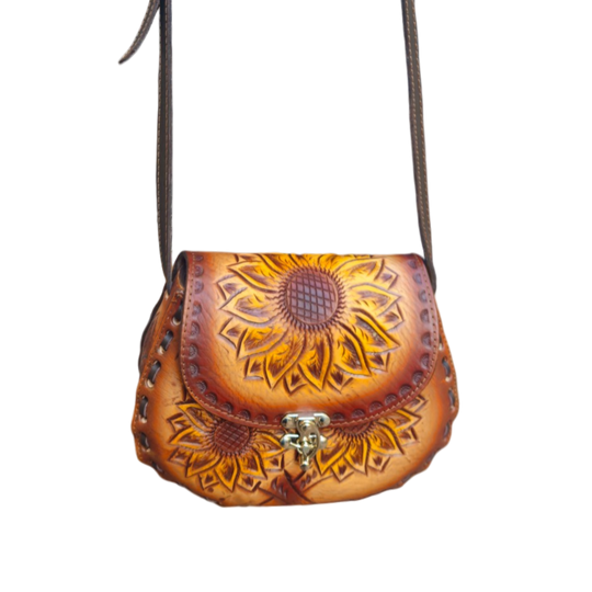 Cincelada Leather Crossbody | Hand Tooled Sunflower Purse