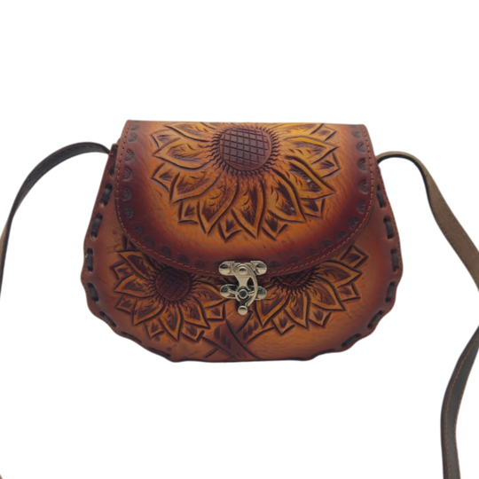 Cincelada Leather Crossbody | Hand Tooled Sunflower Purse