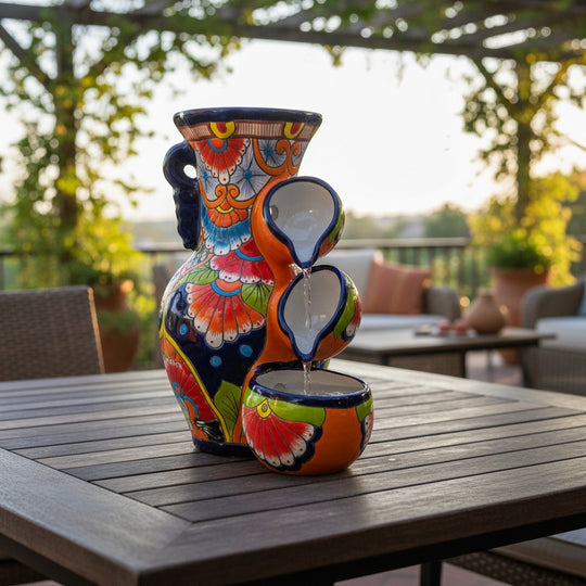 Handcrafted Blue Rim Talavera Fountain | Mexican Ceramic Art
