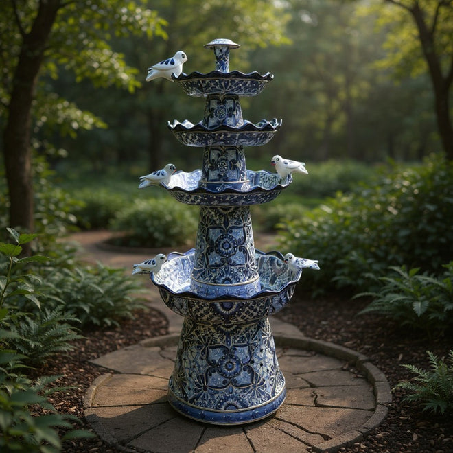 Blue & White Talavera Garden Fountain | Handcrafted 4-Foot Tiered Art