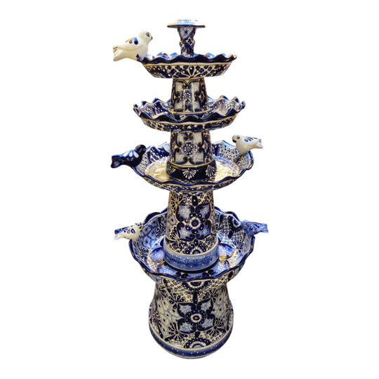 Blue & White Talavera Garden Fountain | Handcrafted 4-Foot Tiered Art