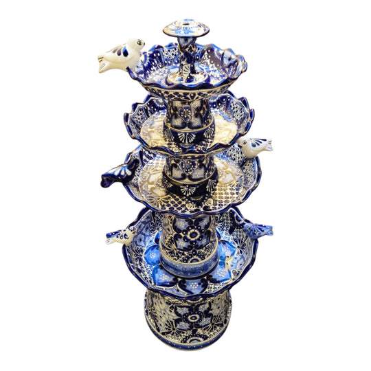 Blue & White Talavera Garden Fountain | Handcrafted 4-Foot Tiered Art