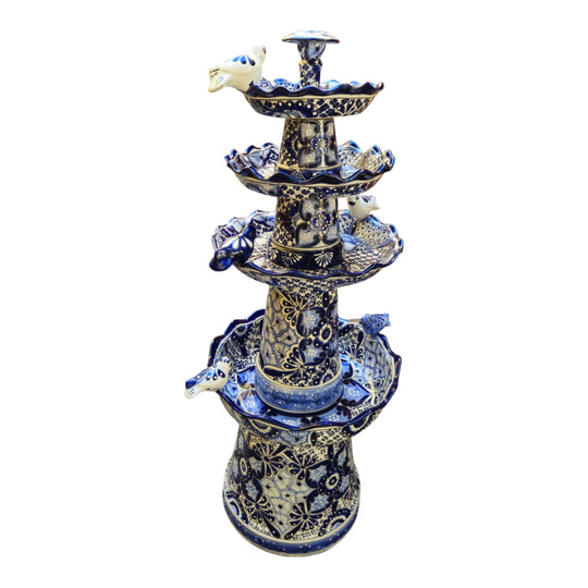 Blue & White Talavera Garden Fountain | Handcrafted 4-Foot Tiered Art