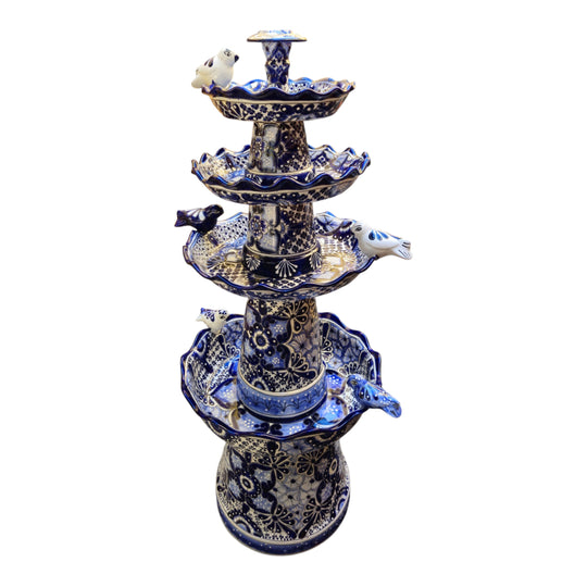 Blue & White Talavera Garden Fountain | Handcrafted 4-Foot Tiered Art
