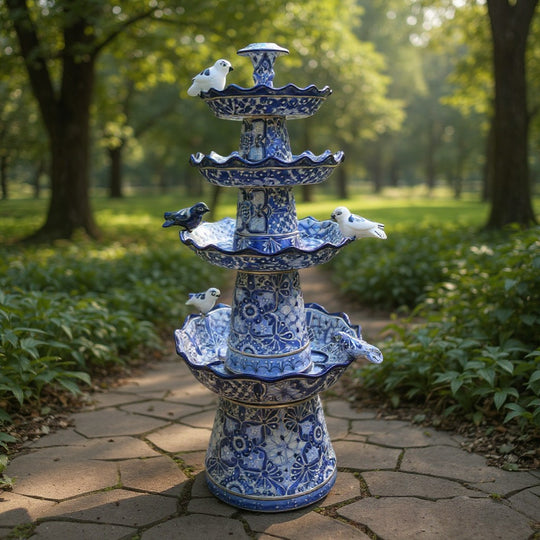 Blue & White Talavera Garden Fountain | Handcrafted 4-Foot Tiered Art