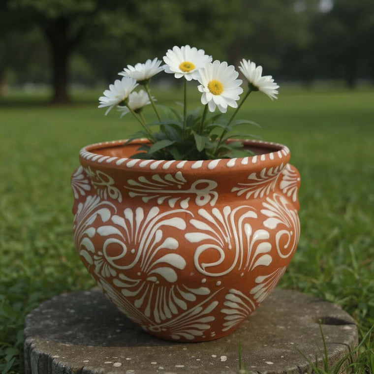 Handmade Talavera Flower Pot | Terracotta & White Design with white flowers.