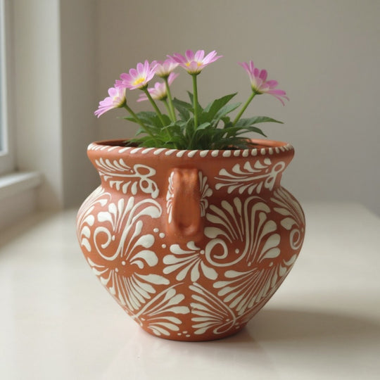 Handmade Talavera Flower Pot | Terracotta & White Design with flowers