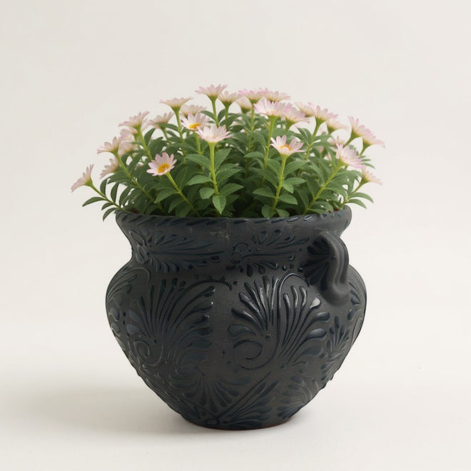 Talavera Floral Pot | Handcrafted Black Design