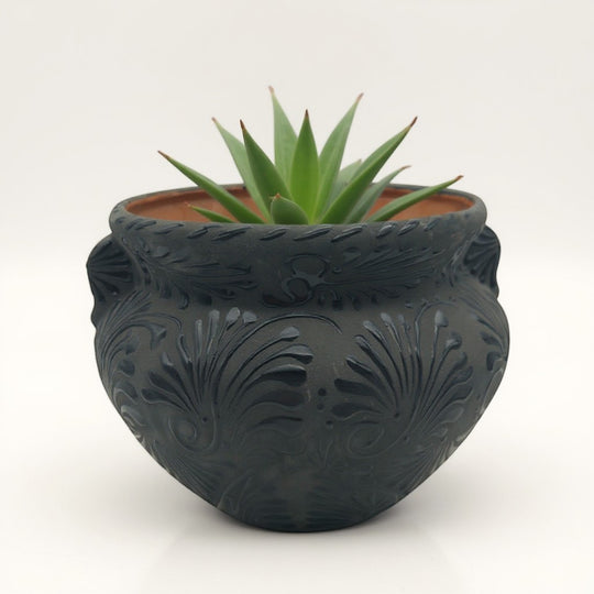 Talavera Floral Pot | Handcrafted Black Design