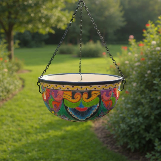 The Talavera Hub hand-painted ceramic hanging planter with blue rim, floral & geometric motifs. 10" wide.