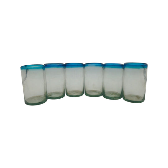 Hand-Blown Mexican Tumbler Glass | Teal Rim Design