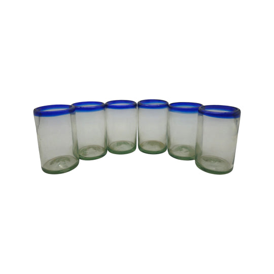 Hand-Blown Mexican Tumbler Glass | Cobalt Blue Rim Design