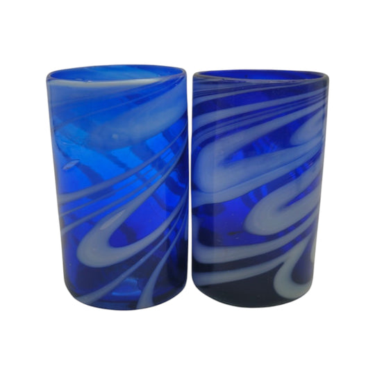 Handmade Mexican Drinking Glass | Blue with White Swirl