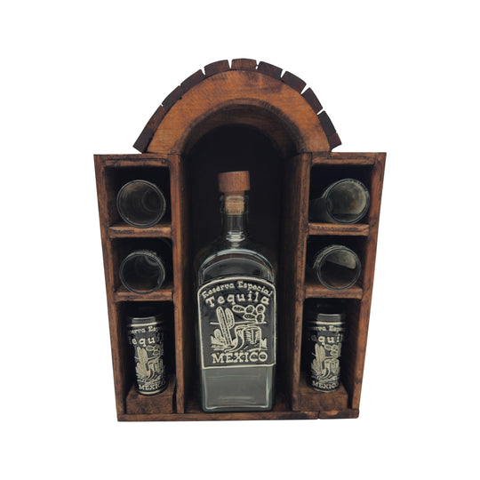 Mexican Tequila Decanter Set | 6 Shot Glasses & Wooden Display