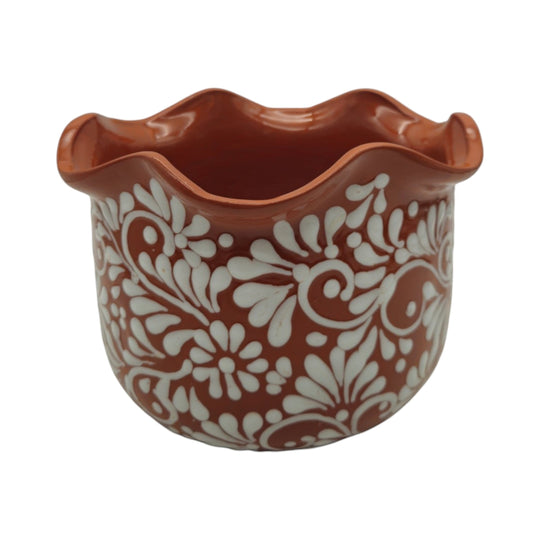 Brown & White Talavera Planter | Handcrafted Wavy Rim Pot