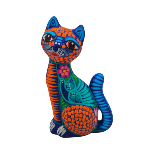 Alebrije Sitting Cat Statue | Hand-Painted Artwork showcasing vibrant colors and intricate folk-art details.