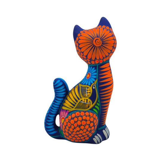 Alebrije Sitting Cat Statue | Hand-Painted Artwork showcasing vibrant colors and intricate folk-art designs.