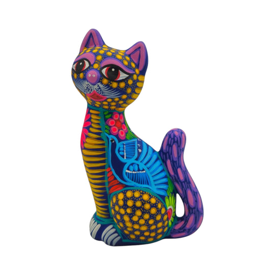 Alebrije Sitting Cat Statue | Hand-Painted Artwork featuring vibrant colors and intricate folk-art designs.