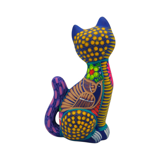 Alebrije Sitting Cat Statue | Hand-Painted Artwork featuring vibrant colors and intricate designs.