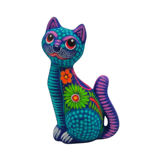 Alebrije Sitting Cat Statue | Hand-Painted Artwork with vibrant colors and floral designs, handcrafted ceramic decor.