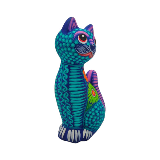 Alebrije Sitting Cat Statue | Hand-Painted Artwork in vibrant colors and intricate details, perfect for decor.
