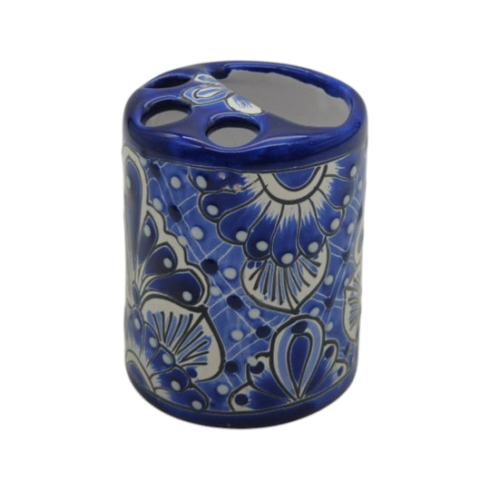 Hand-Painted Talavera Toothbrush Holder | Blue & White Ceramic