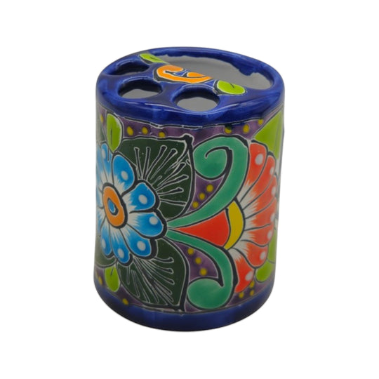 Talavera Toothbrush Holder | Cobalt Blue Rim Bath Decor