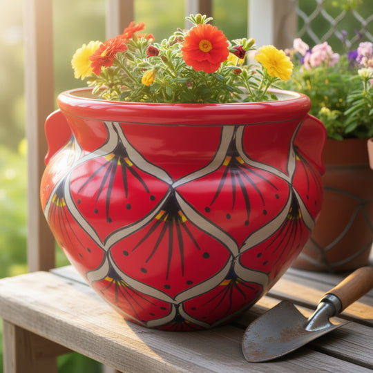 Red Peacock Talavera Planter | Hand-Painted Mexican Pot
