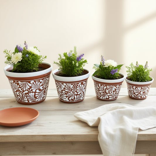Set of 4 Talavera Flower Pots | Brown & White Terracotta Planters