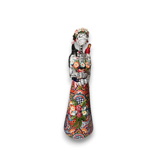 Talavera Catrina Statue | 33" Tall Day of the Dead Ceramic Figurine - hand-painted Talavera patterns with bird and monkey details