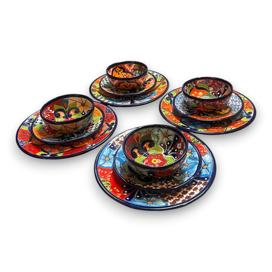 36-Piece Talavera Dinnerware Set | Handmade Mexican Plates & Bowls - hand-painted Talavera cups and plates in vibrant floral folk art patterns