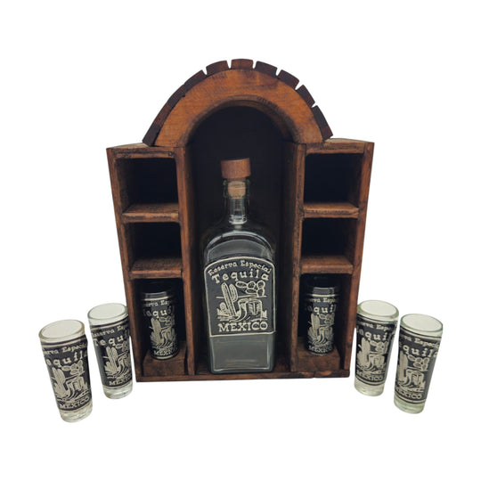 Mexican Tequila Decanter Set | 6 Shot Glasses & Wooden Display