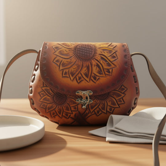 Cincelada Leather Crossbody | Hand Tooled Sunflower Purse