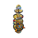 Front view of a four-foot multicolor Talavera fountain with tiered bowls and bird accents