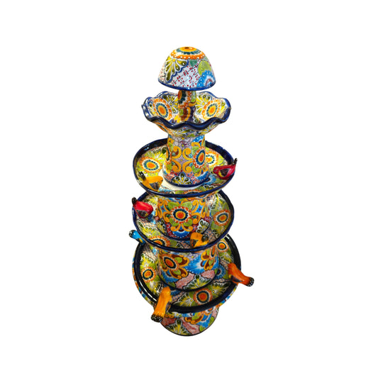 Front view of a four-foot multicolor Talavera fountain with tiered bowls and bird accents