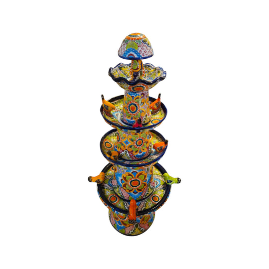 Multicolor four-foot Talavera fountain showing floral tiers and colorful bird accents