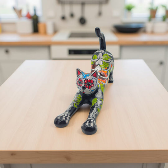 Talavera Stretching Cat Figurine | Mexican Day of the Dead Art