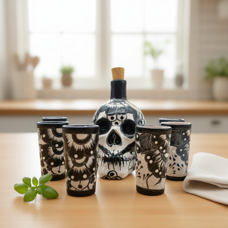 Talavera Skull Decanter with 6 Shot Glasses | Mexican Bar Set