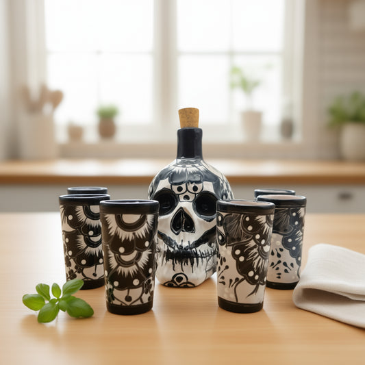 Talavera Skull Decanter with 6 Shot Glasses | Mexican Bar Set