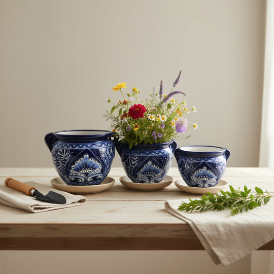 Blue & White Talavera Planter Trio | Hand-Painted Pot Set