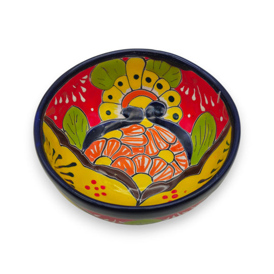 5" Colorful Talavera Bowl | Handcrafted Mexican Folk Dish - hand-painted floral Talavera bowl with cobalt rim, red blue green yellow folk motifs