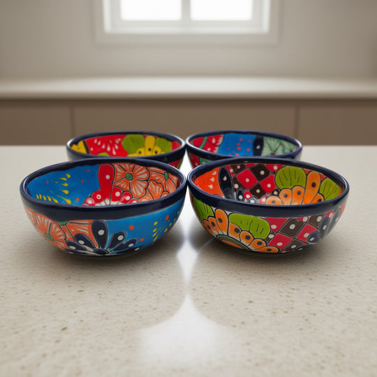 5" Colorful Talavera Bowl | Handcrafted Mexican Folk Dish - set of four hand-painted floral Talavera bowls with cobalt rim