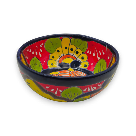 5" Colorful Talavera Bowl | Handcrafted Mexican Folk Dish - hand-painted red floral Talavera bowl with cobalt rim, lead-free glaze