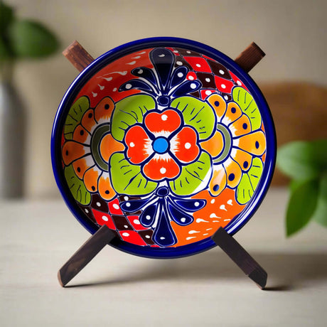 5" Colorful Talavera Bowl | Handcrafted Mexican Folk Dish - hand-painted floral Talavera bowl with cobalt rim from Guanajuato