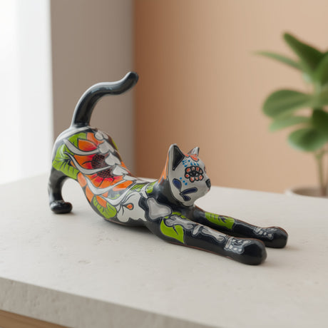 Talavera Stretching Cat Figurine | Mexican Day of the Dead Art